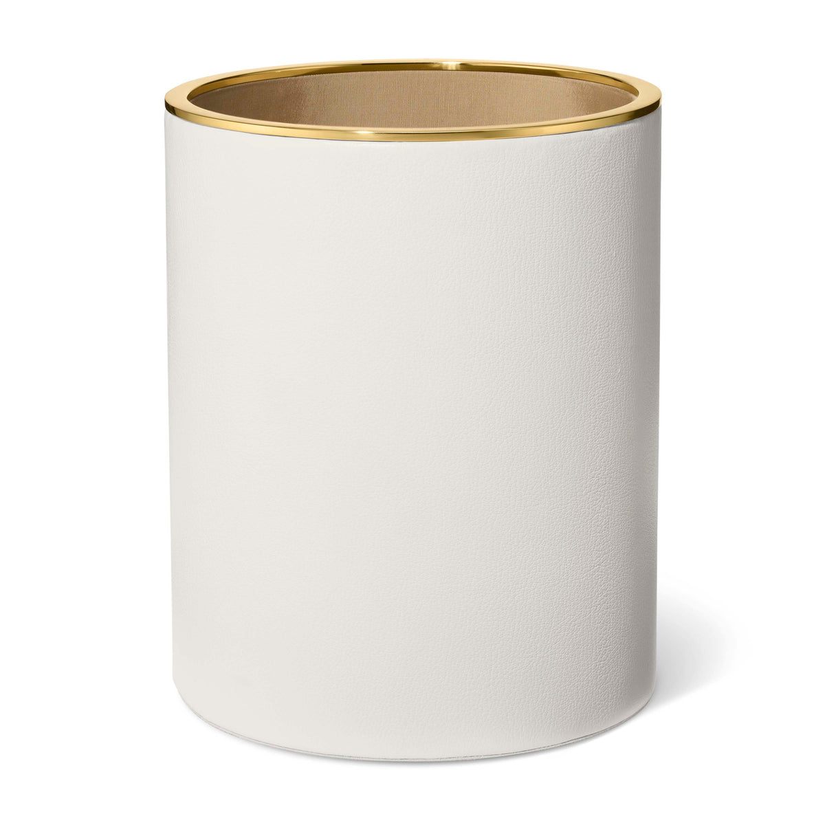 Front view of Piero Leather Wastebasket showcasing white Italian grained leather, brass rim, and moire lining with a white background
