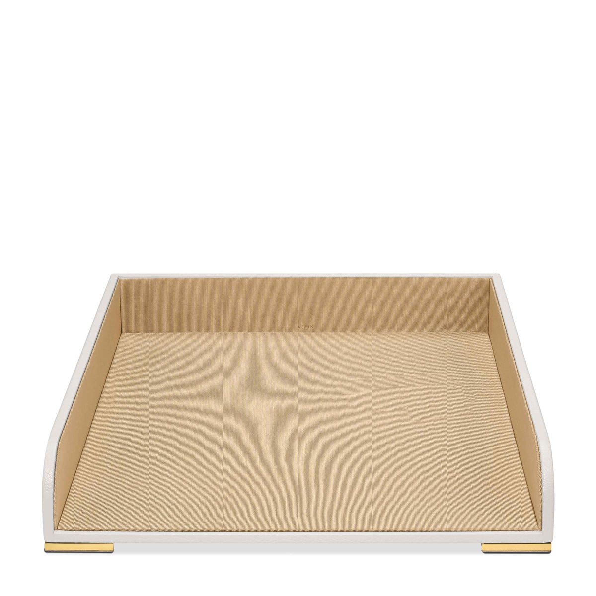 Front view of Piero Leather Paper Tray showcasing white Italian leather, brass feet, and tan suede lining on a white background
