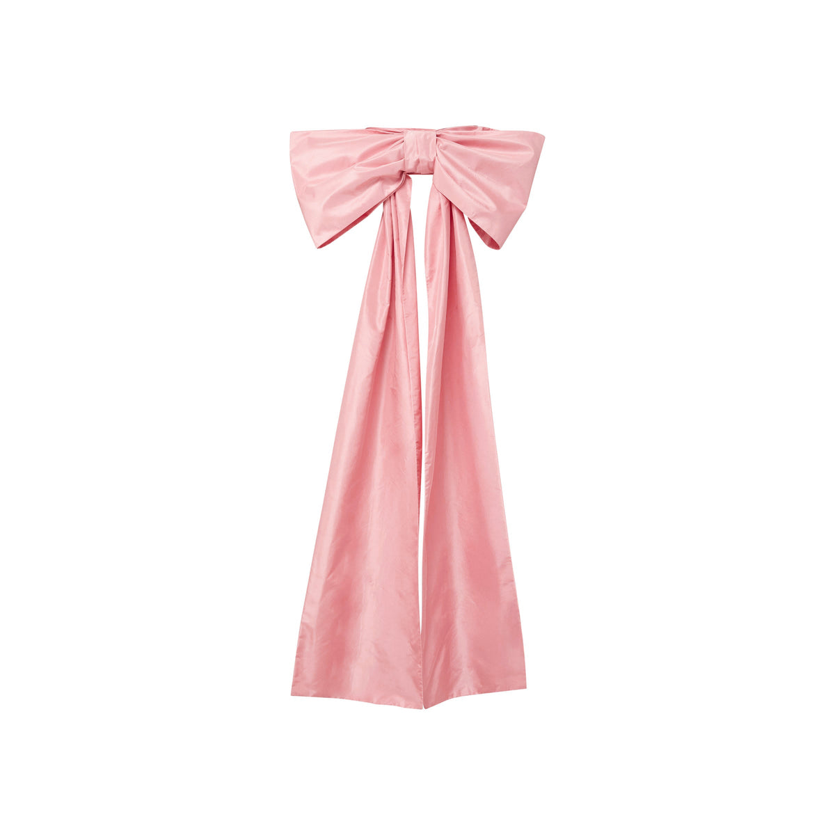Front view of pink bow cummerbund showcasing oversized bow with long draping tails on white background