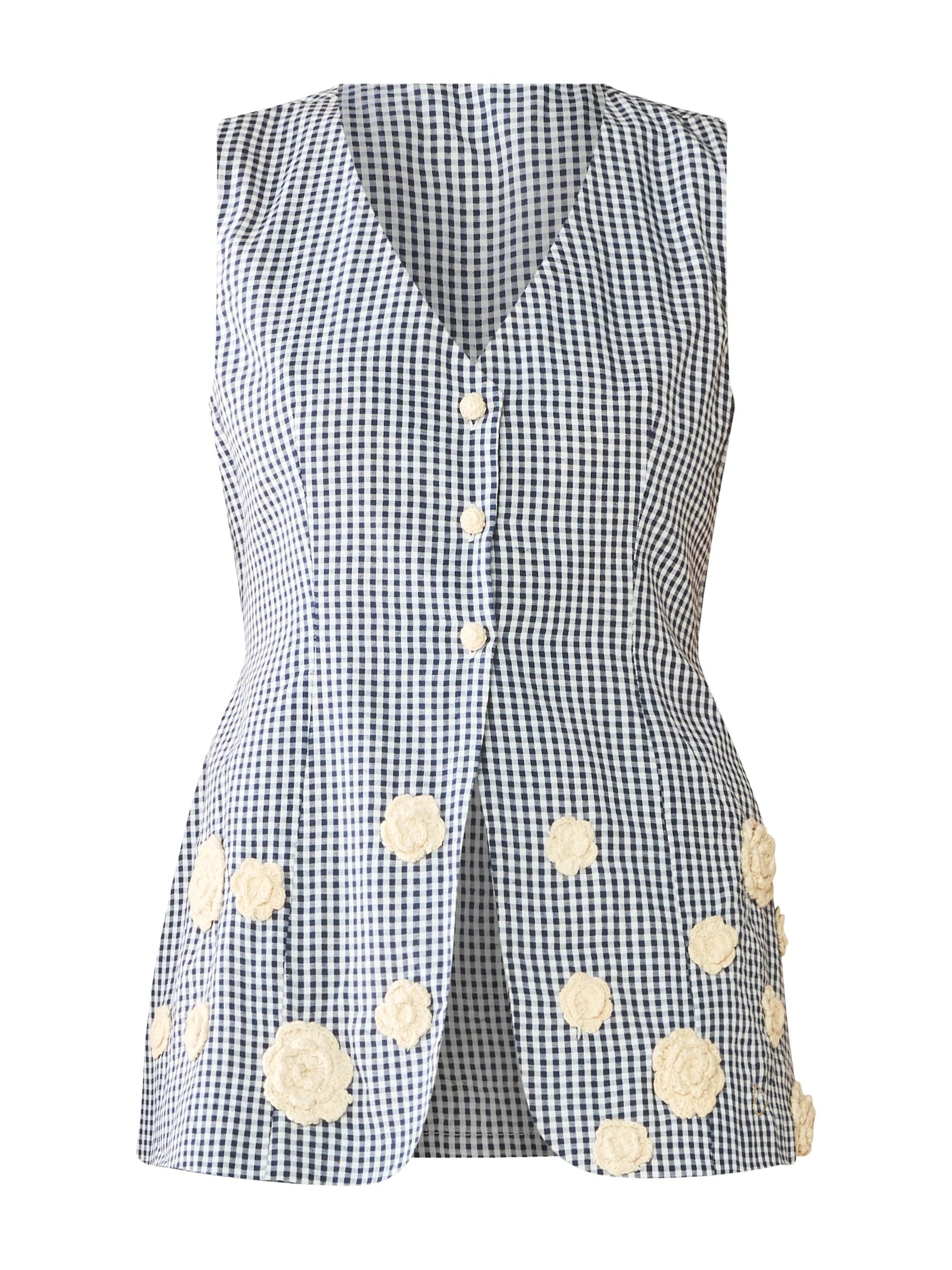 Alexa Top in Navy Gingham with Cream Crochet Applique
