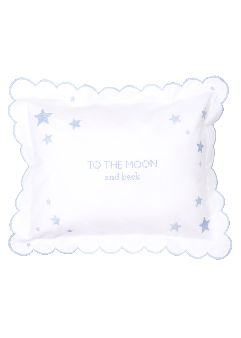 Front view of To the Moon Stars mini pillow with scalloped edge, pale-blue stars and TO THE MOON and back embroidery