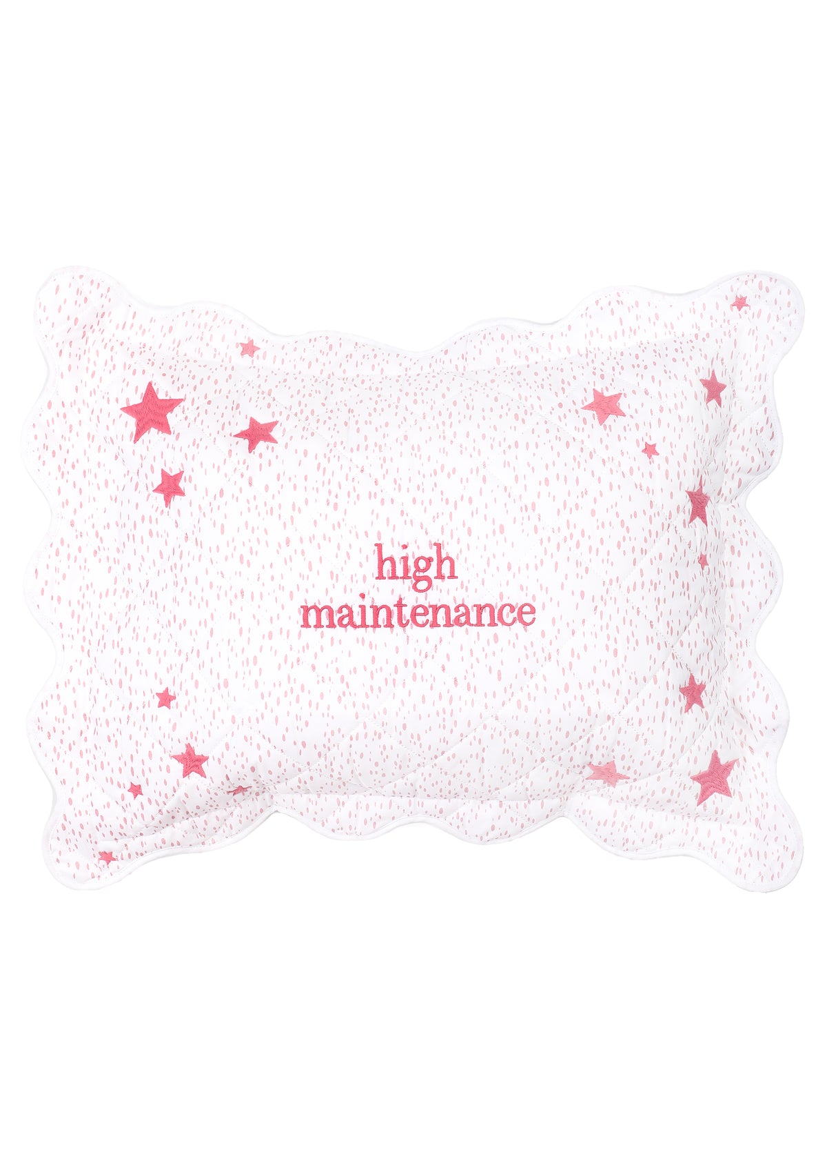 Front view of Celine Stars mini pillow with pink embroidered high maintenance text, scalloped edge, and pink star print