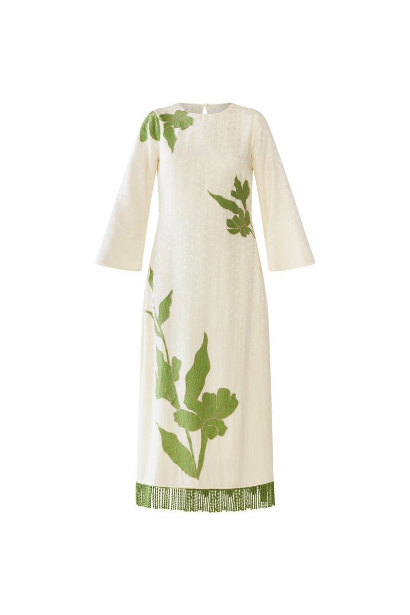 Ariana Dress in Ivory with Green Appliqué
