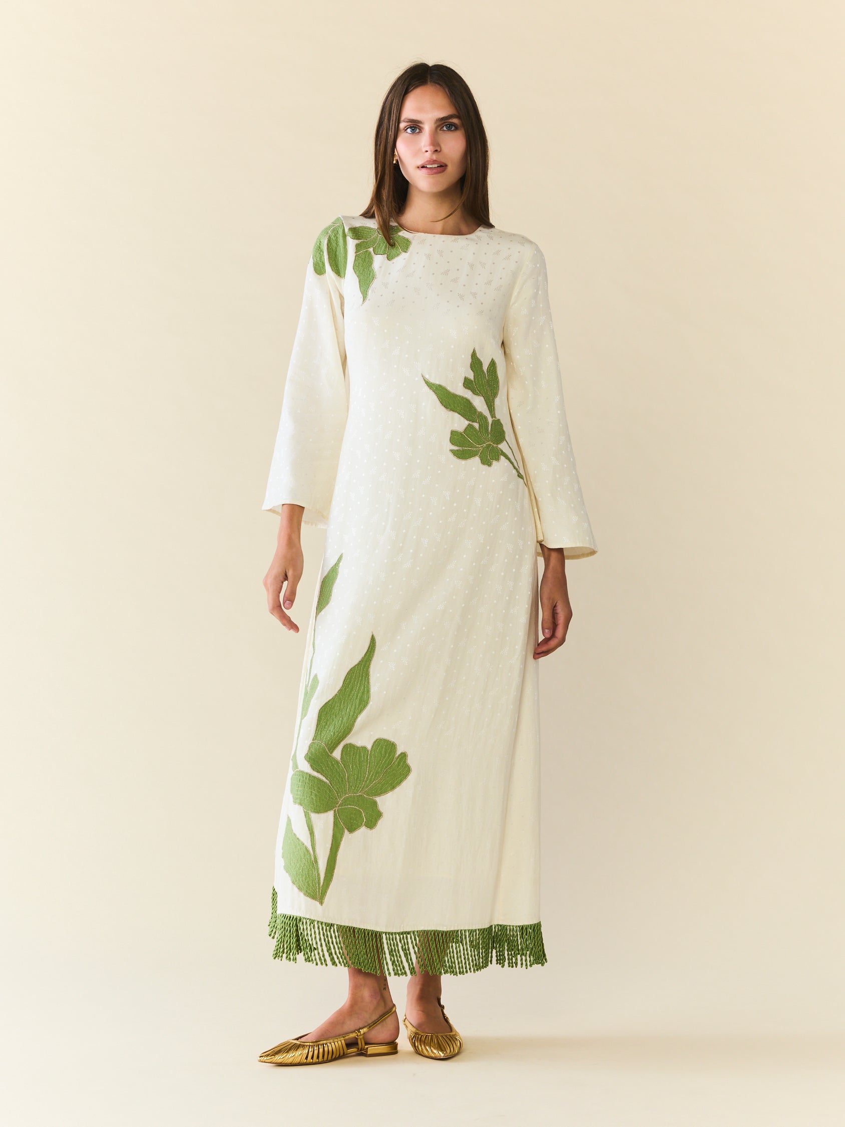 Ariana Dress in Ivory with Green Appliqué