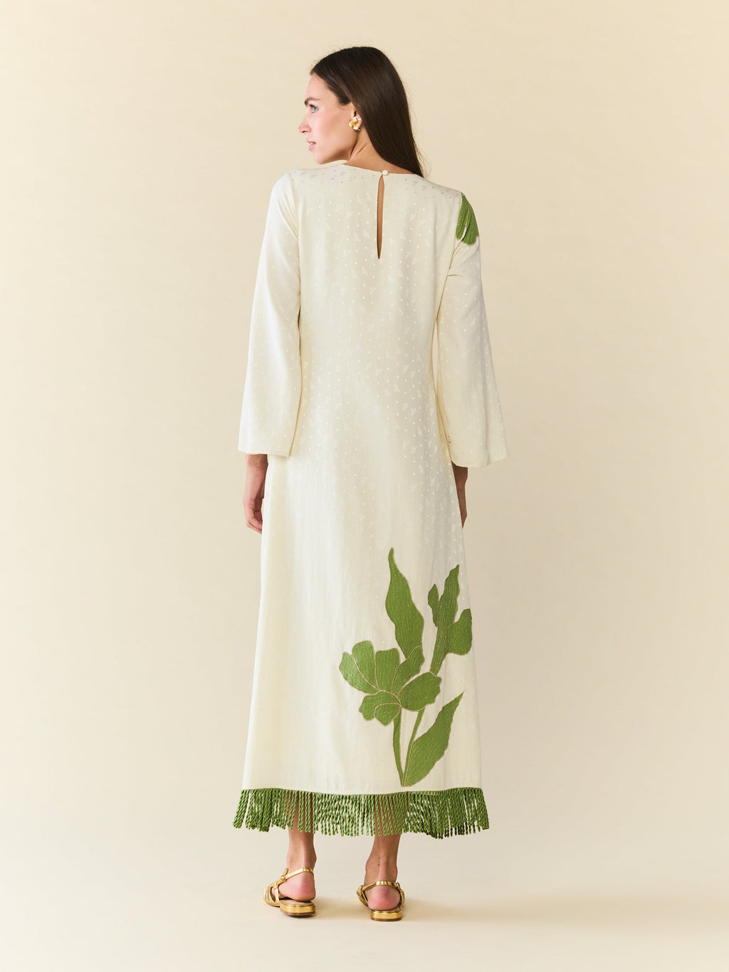 Ariana Dress in Ivory with Green Appliqué