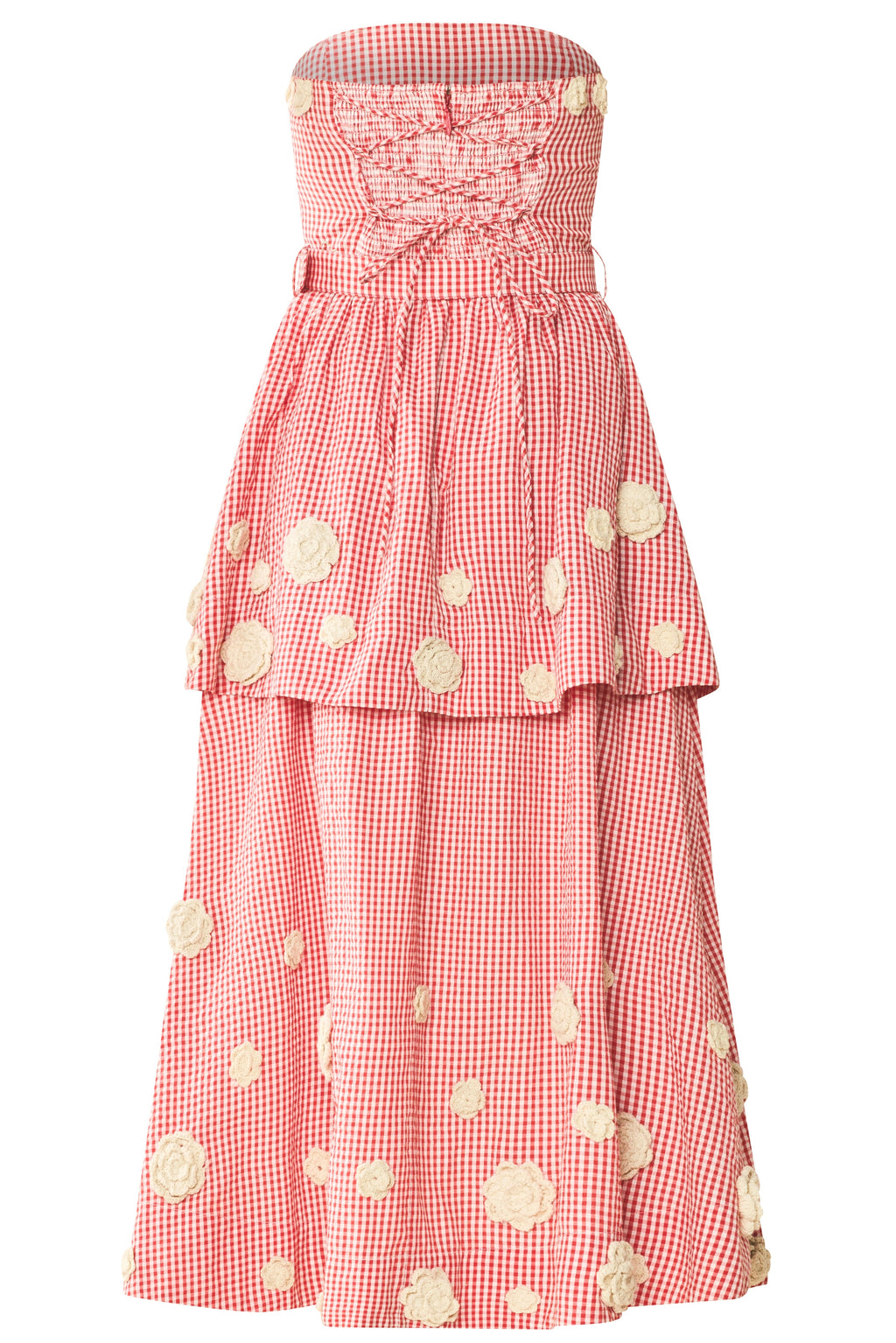 red and white crochet dress Daisy Dress X Rainey Collaboration X-Large / Red Gingham with Cream Crochet Appliqué