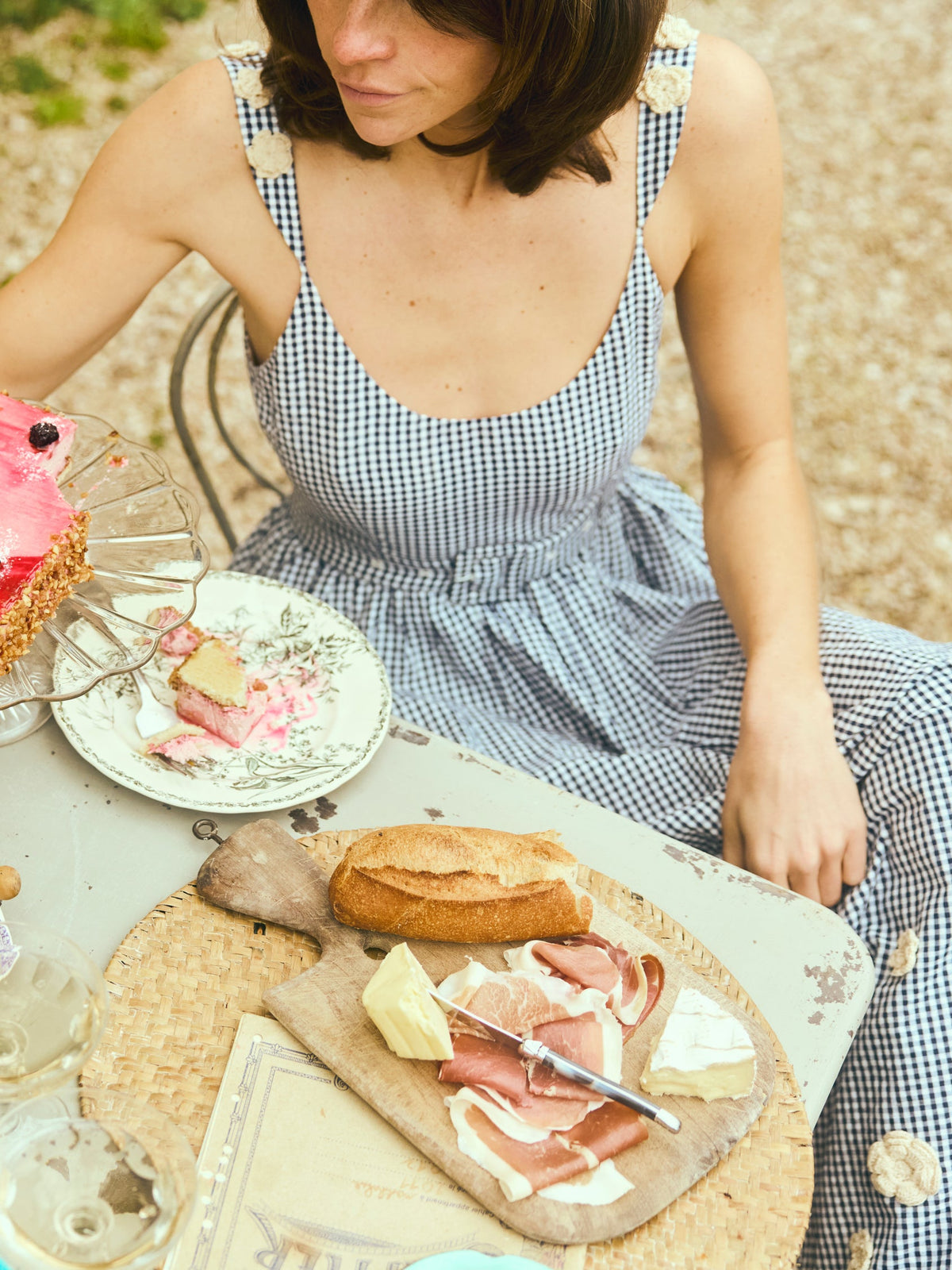 Katherine Dress in Navy Gingham with Cream Crochet Applique
