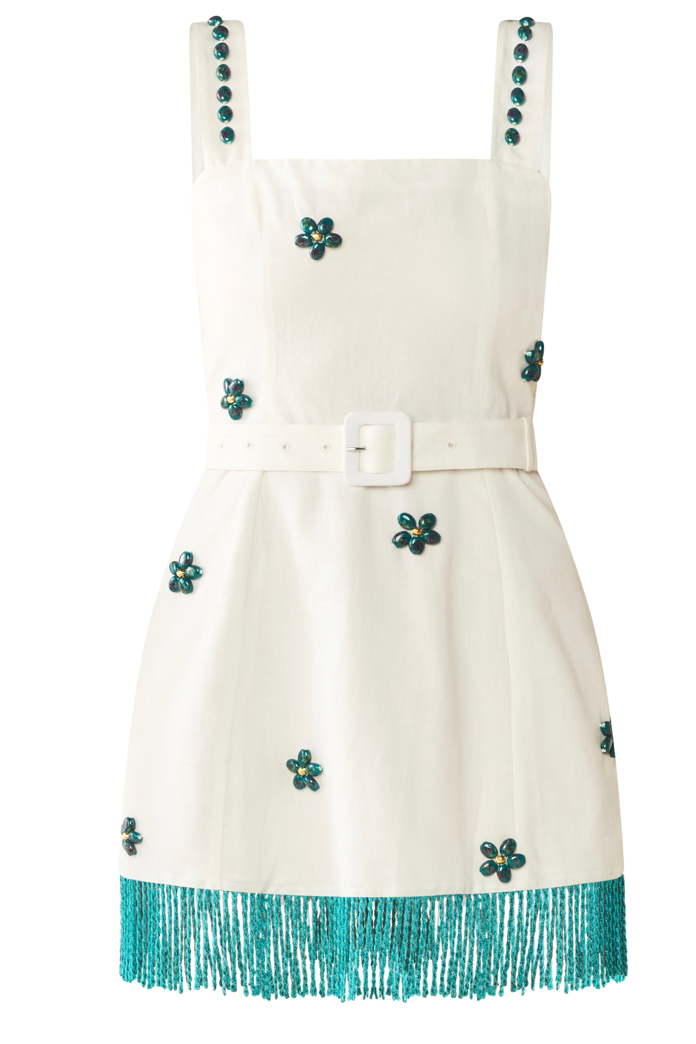 Sarah Bird Mini Dress in White with Painted Beads