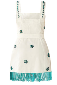 Sarah Bird Mini Dress in White with Painted Beads