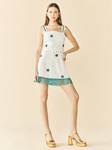 Sarah Bird Mini Dress in White with Painted Beads