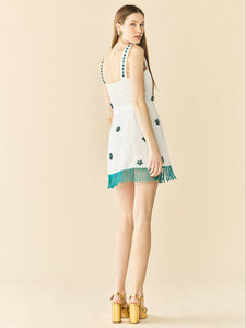 Sarah Bird Mini Dress in White with Painted Beads