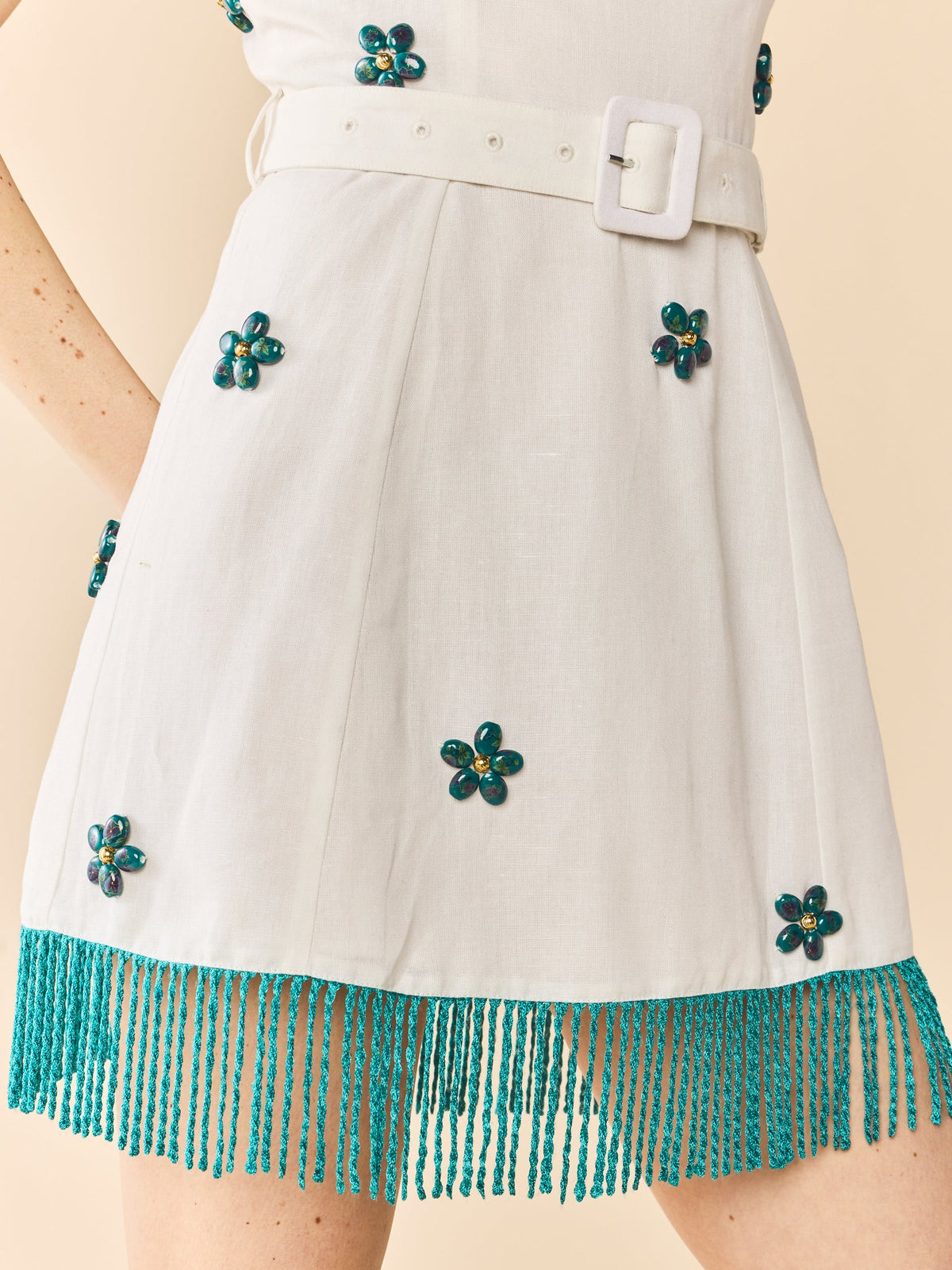 Sarah Bird Mini Dress in White with Painted Beads