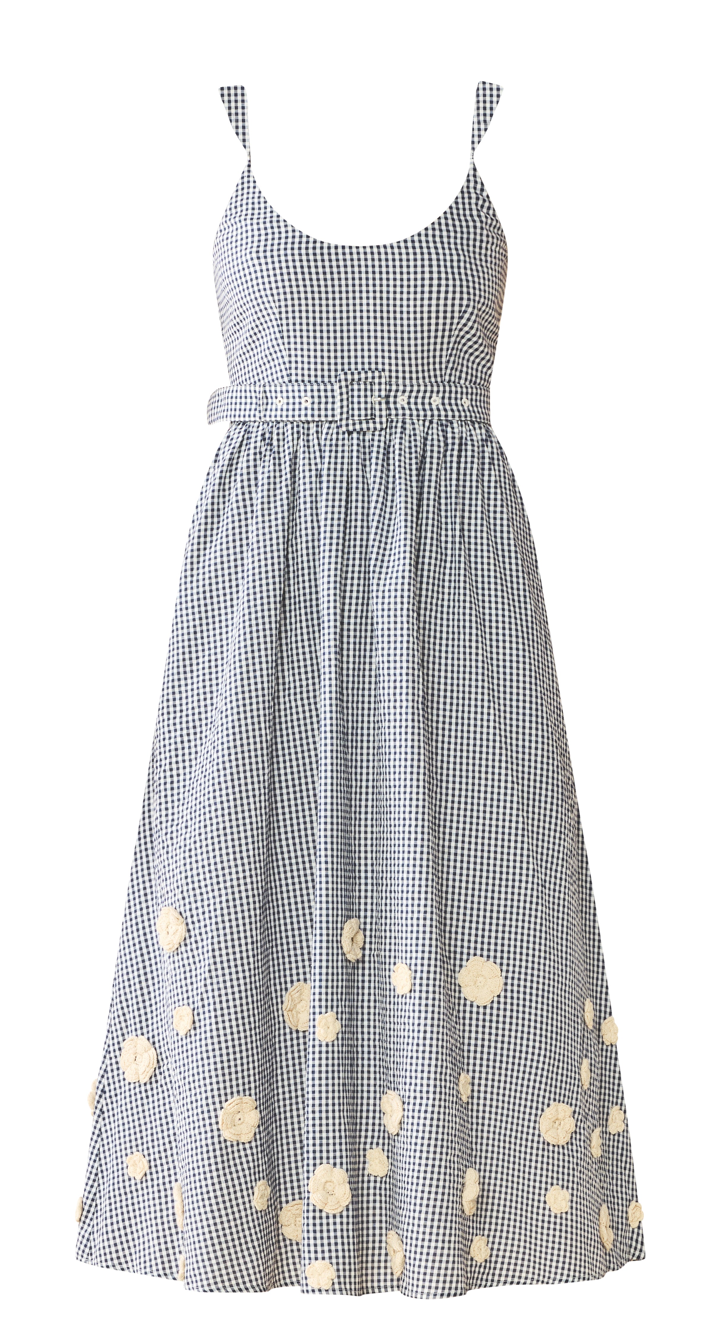 Katherine Dress in Navy Gingham with Cream Crochet Applique