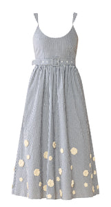 Katherine Dress in Navy Gingham with Cream Crochet Applique