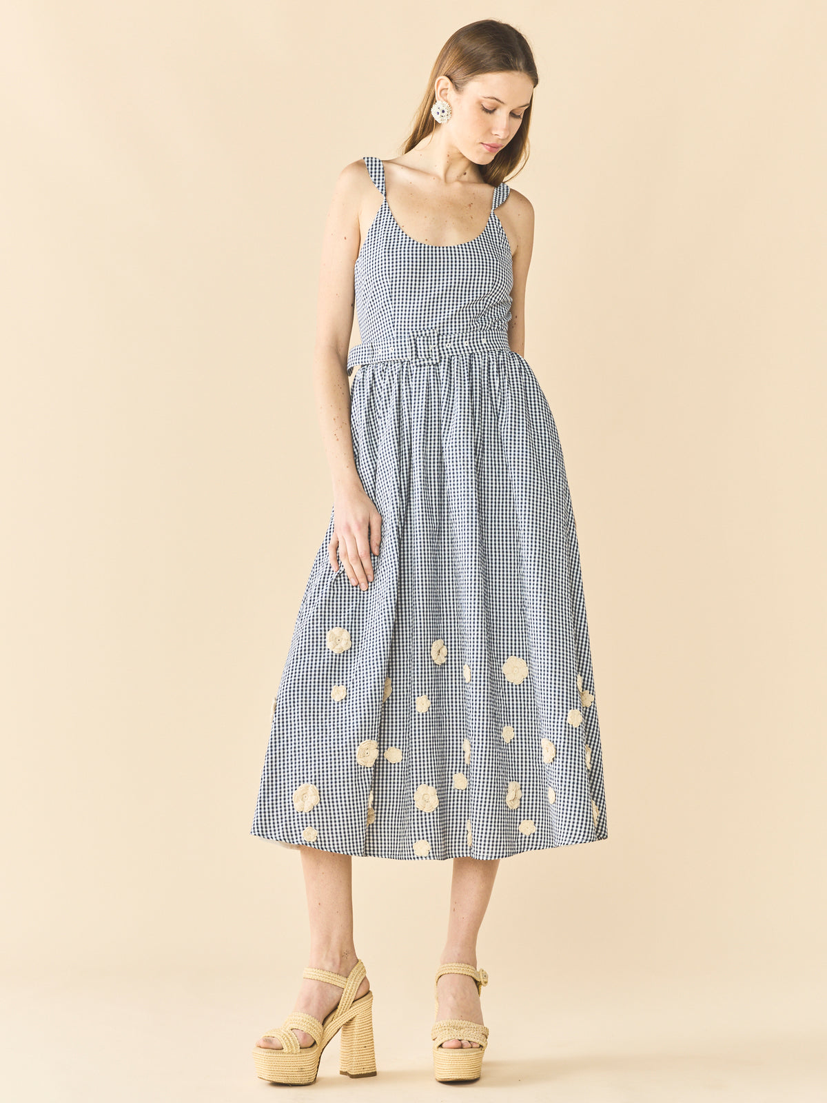 Katherine Dress in Navy Gingham with Cream Crochet Applique