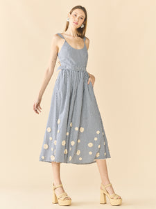 Katherine Dress in Navy Gingham with Cream Crochet Applique