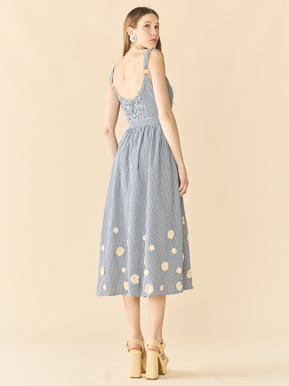 Katherine Dress in Navy Gingham with Cream Crochet Applique