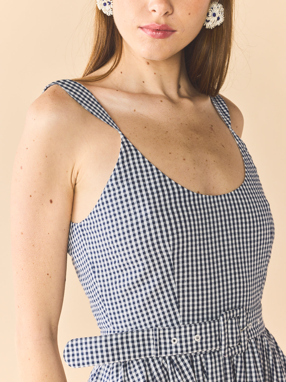 Katherine Dress in Navy Gingham with Cream Crochet Applique