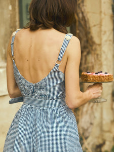 Katherine Dress in Navy Gingham with Cream Crochet Applique