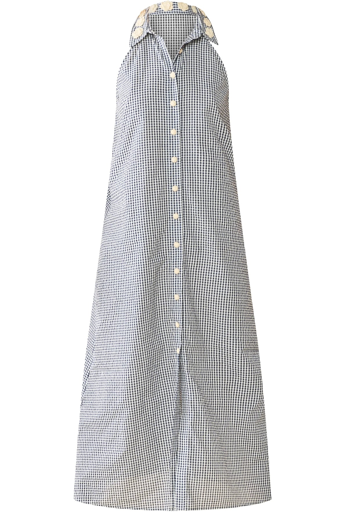 Cami Collar Dress in Navy Gingham with Cream Crochet Applique