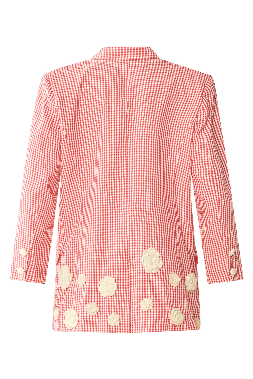 Meredith Blazer x Rainey Collaboration in Red Gingham with Cream Crochet Applique