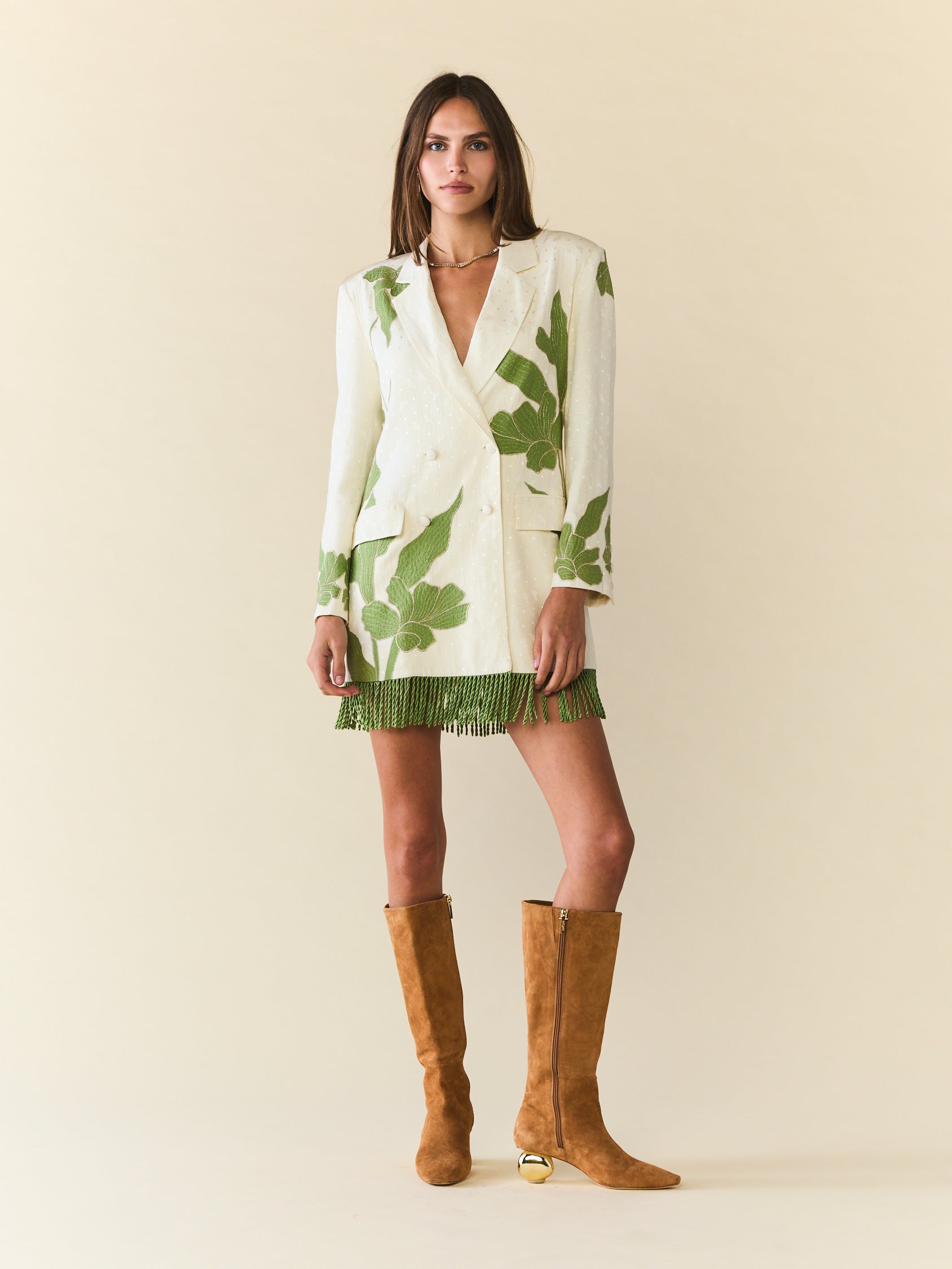 Alex Blazer Dress in Ivory wth Green Appliqué