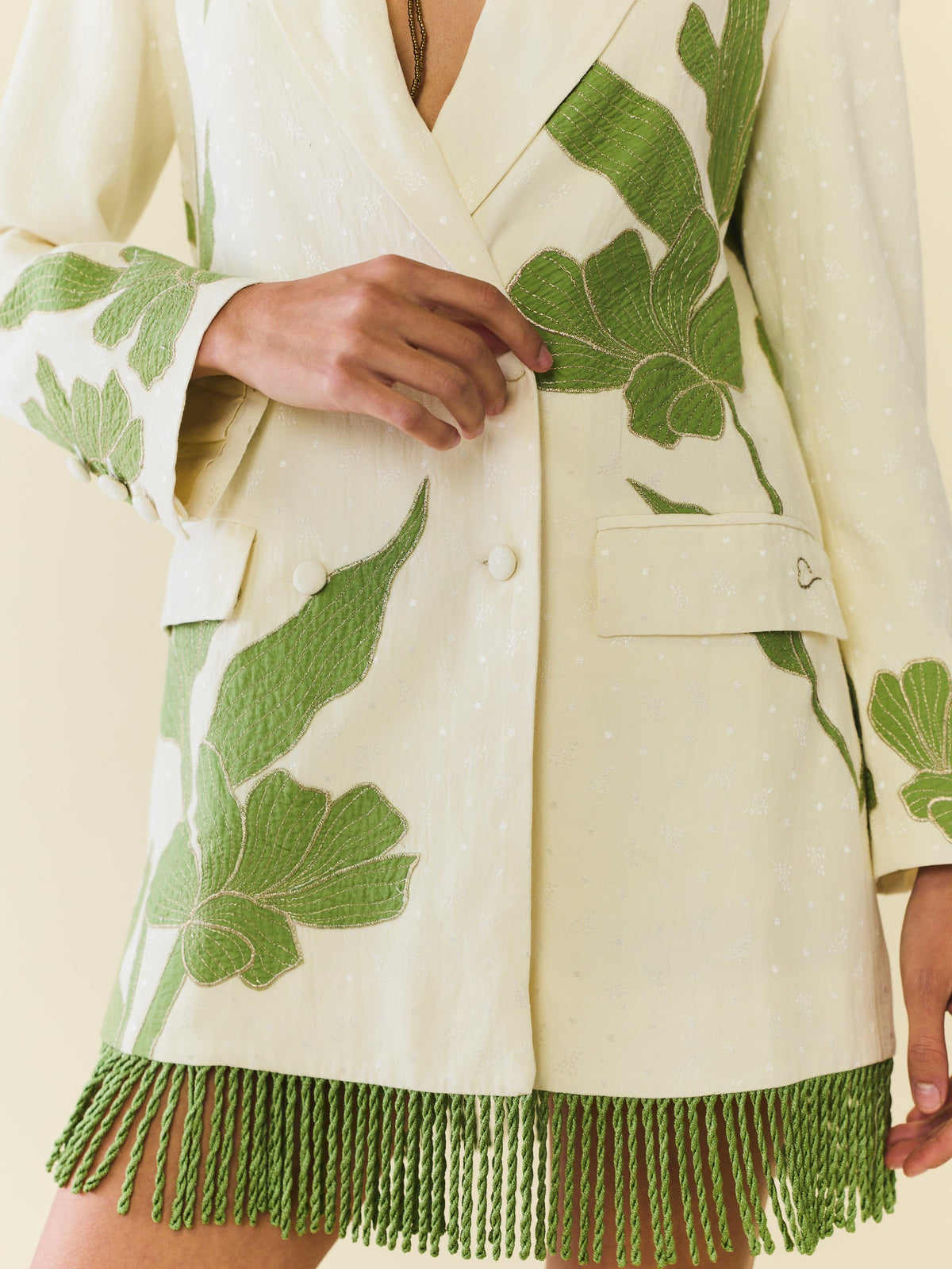 Alex Blazer Dress in Ivory wth Green Appliqué