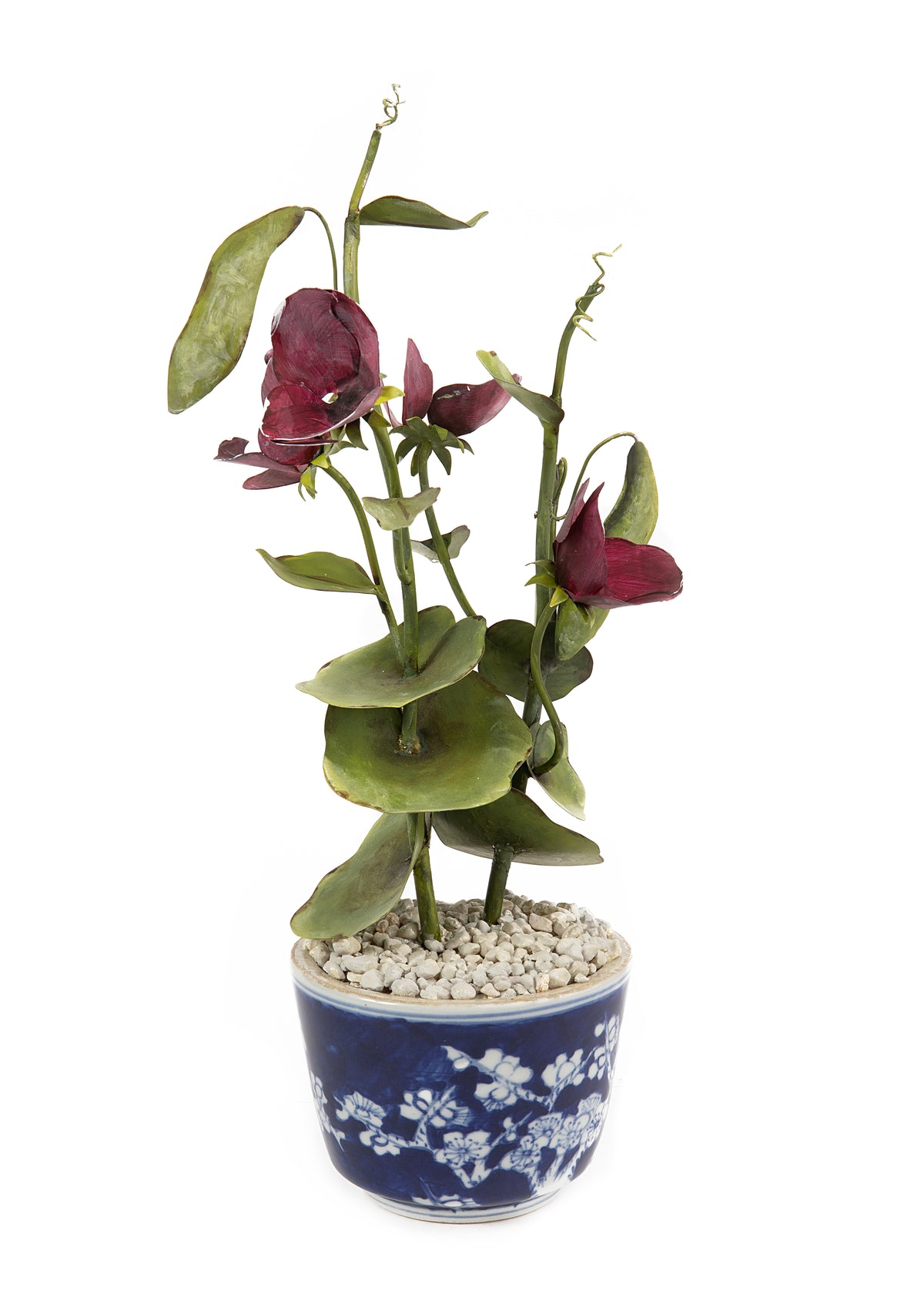 Front view of Tole Flower Potted Sweet Pea with hand-painted burgundy metal flowers in blue-and-white glazed terracotta pot