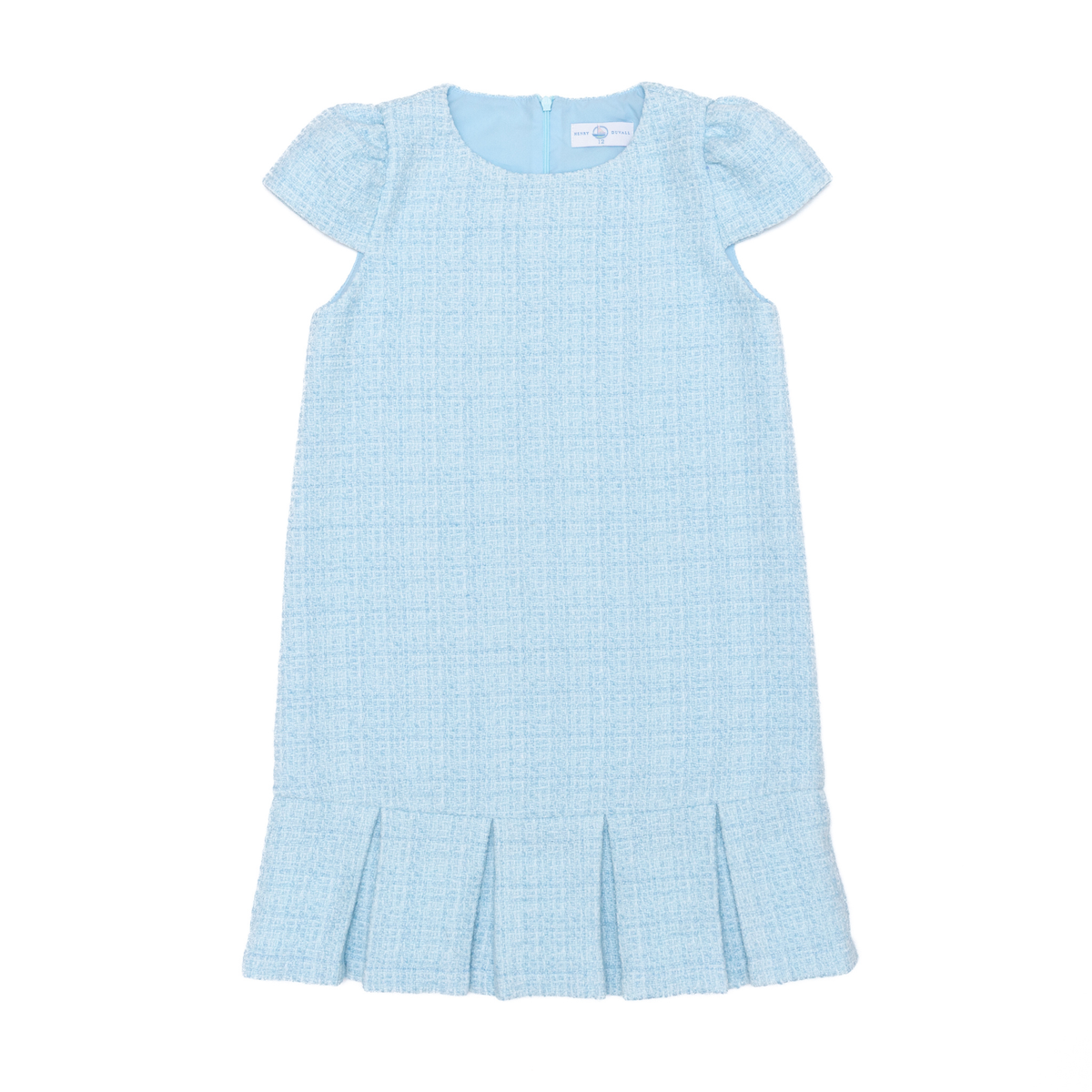 Front view of Charlotte dress in Bay Tree Blue tweed showcasing cap sleeves and box-pleat hem on white background