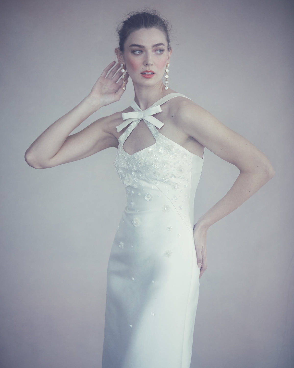 OTM Exclusive: Delphine Dress in Ivory Silk Wool with Ivory Meadow Embellishment