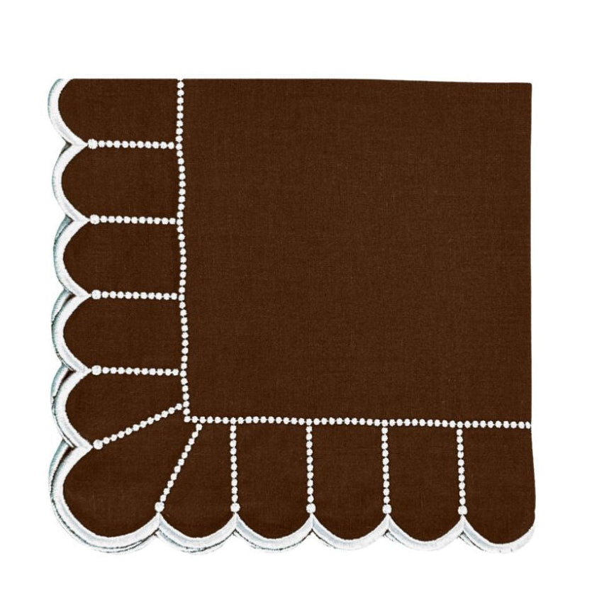 Cocoa linen scalloped Napkin with white embroidery in linen
