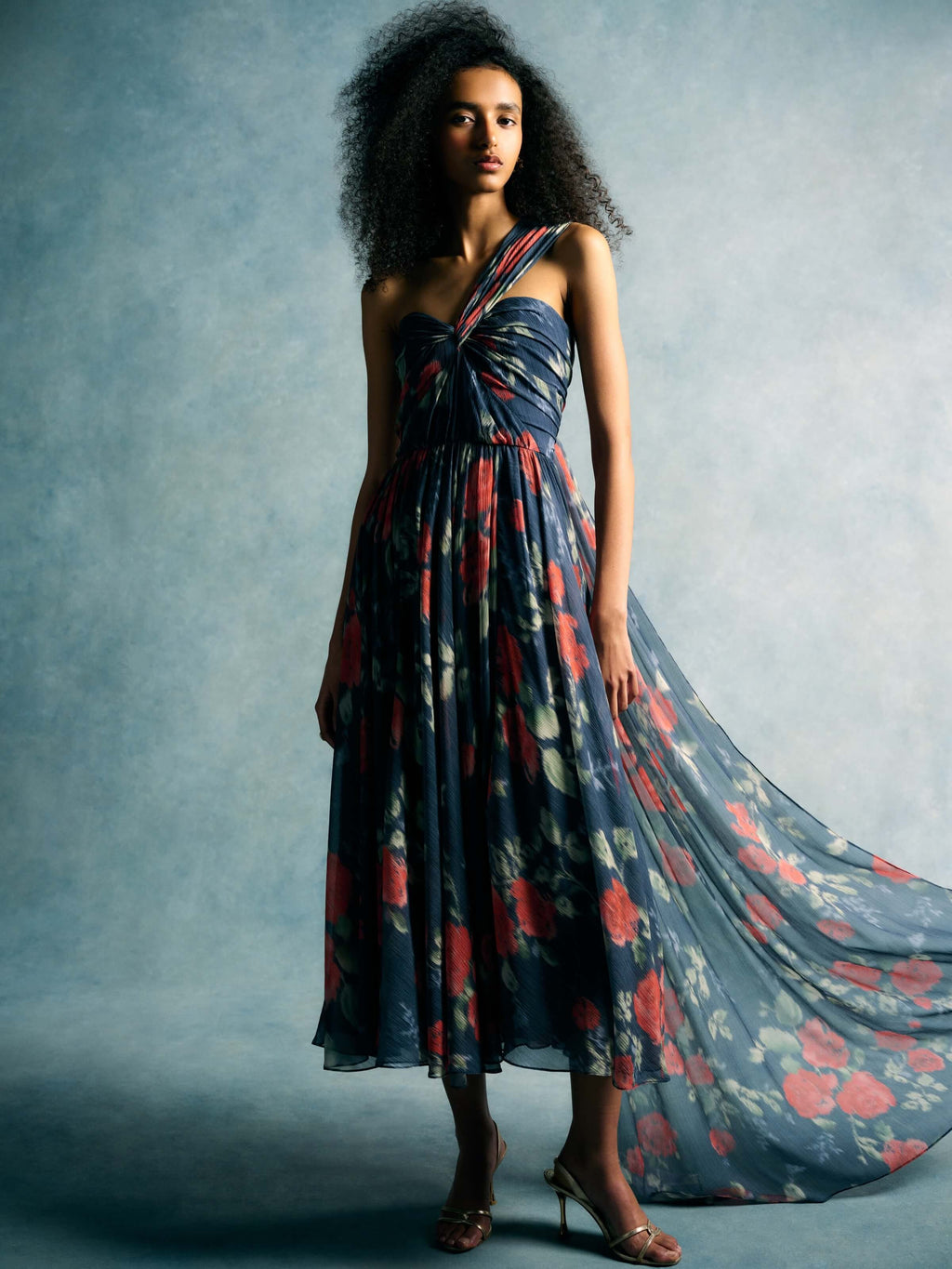Erica Red Bloom Chiffon Midi Dress