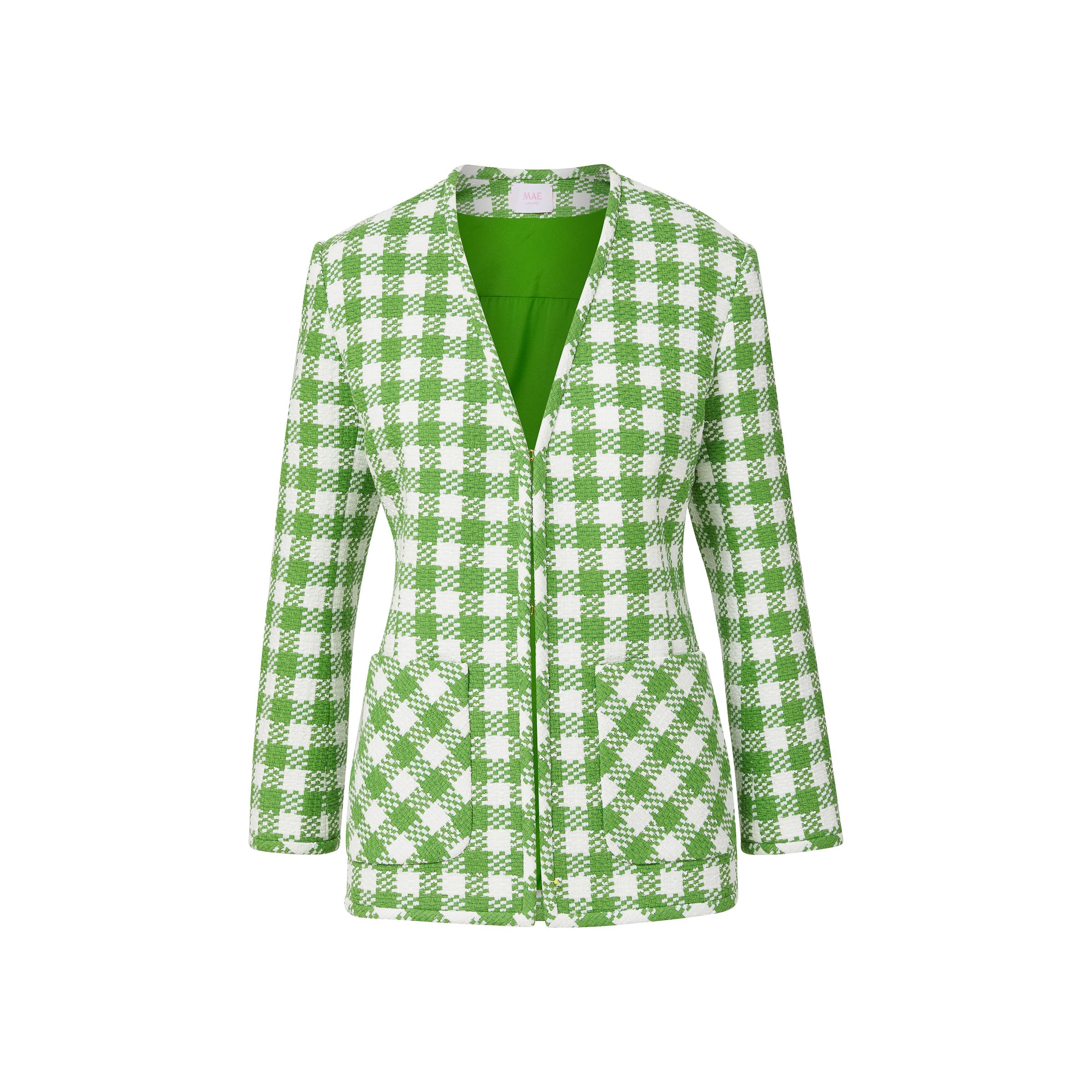 Front view of Madeline jacket in Greenwich tweed showcasing green and white check pattern, notched lapels, and patch pockets