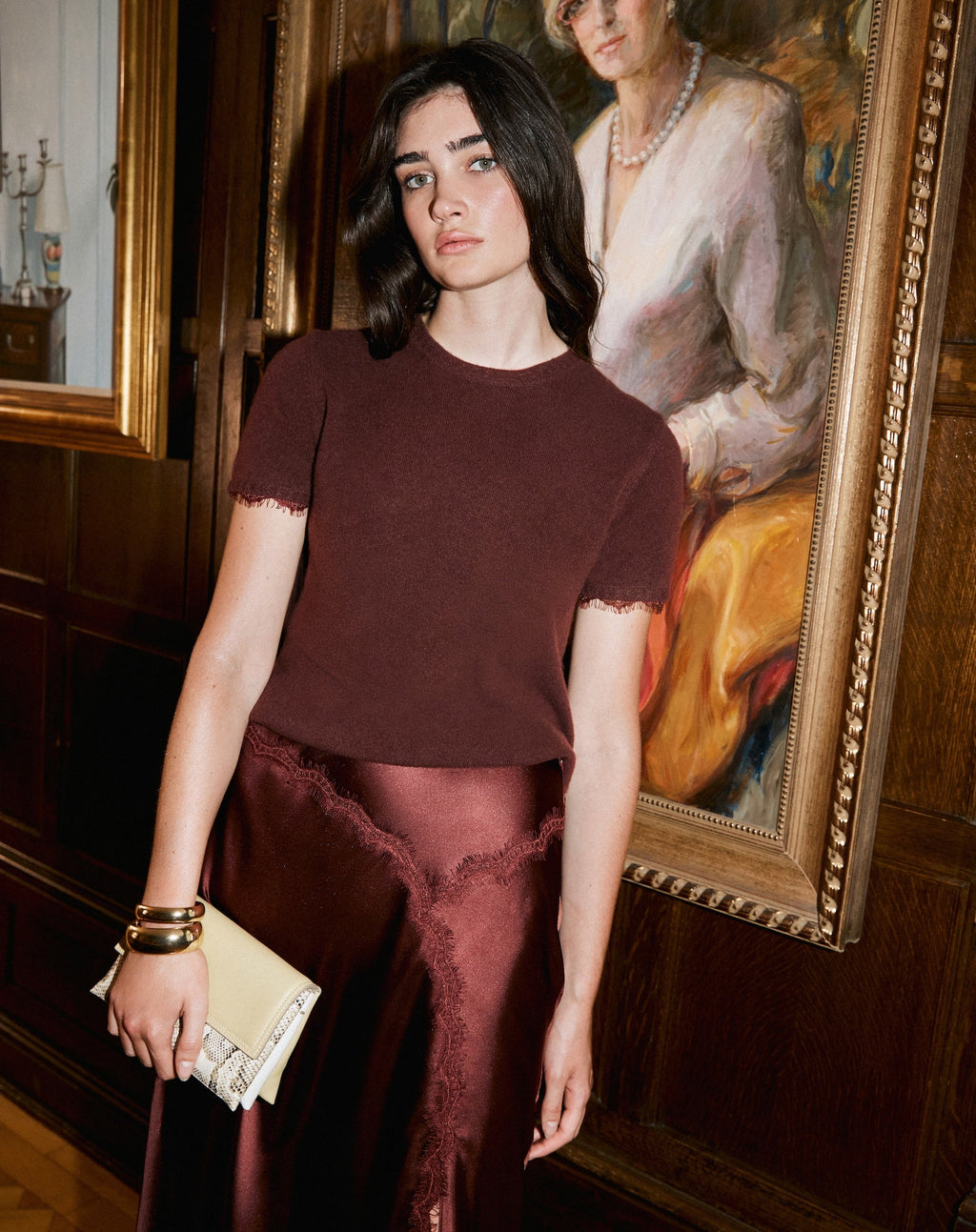 Dailey Cashmere Top with Lace in Deep Redwood
