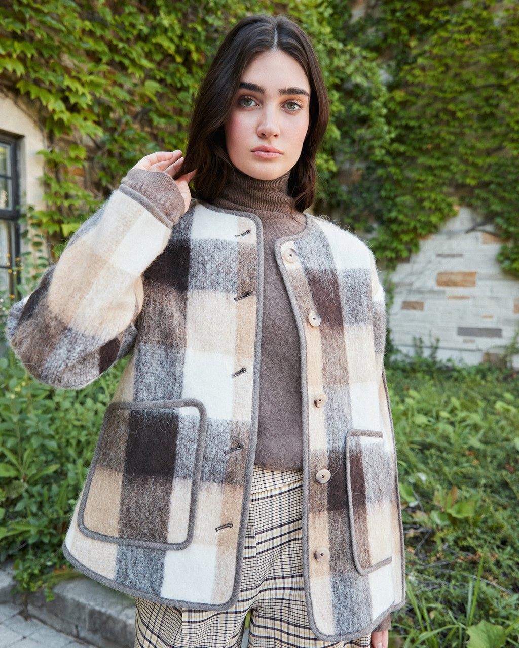 Janet Jacket in Pearl/Camel Plaid