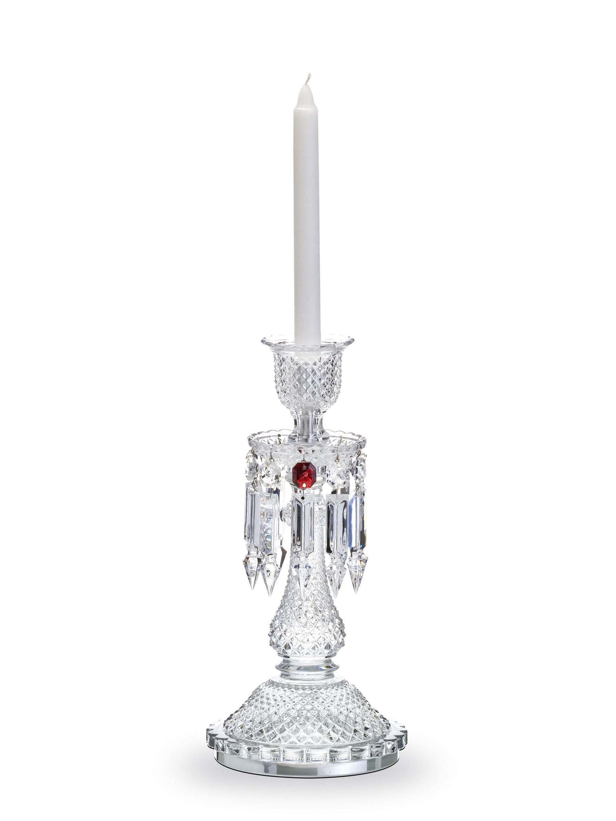 Front view of Zenith 1L Candelabra with diamond-cut clear crystal, hanging darts, and red crystal ornament on white backdrop