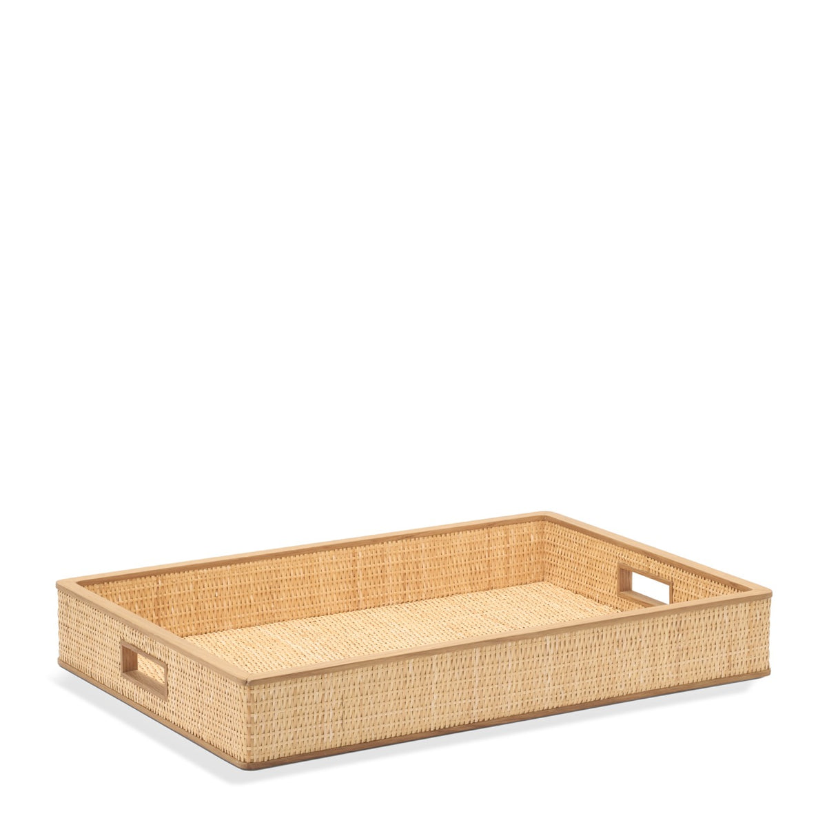 Angled view of Colette cane tray with white oak trim, woven cane sides and cutout handles on white background
