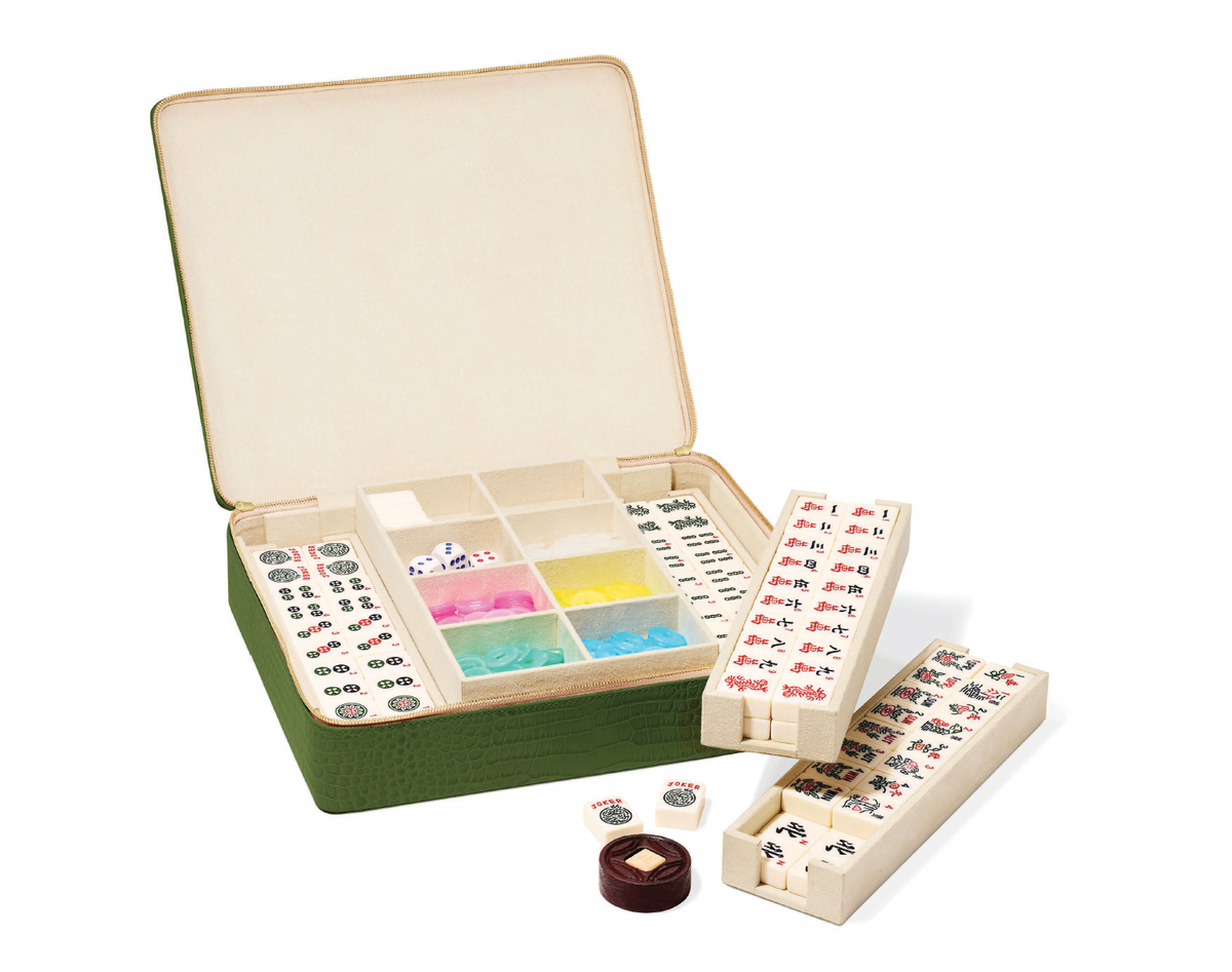 Open Enzo Travel Mahjong Set in Verde showcasing white resin tiles and removable trays on a white background