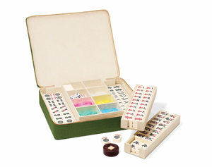 Open Enzo Travel Mahjong Set in Verde showcasing white resin tiles and removable trays on a white background