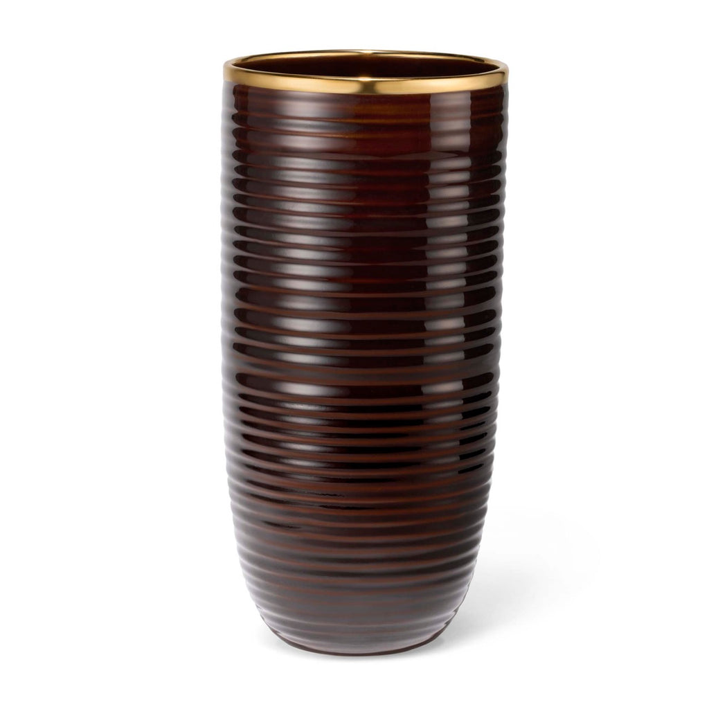 Front view of the Calinda Tall Vase showcasing its ribbed chocolate ceramic and hand-painted gold rim on a white background