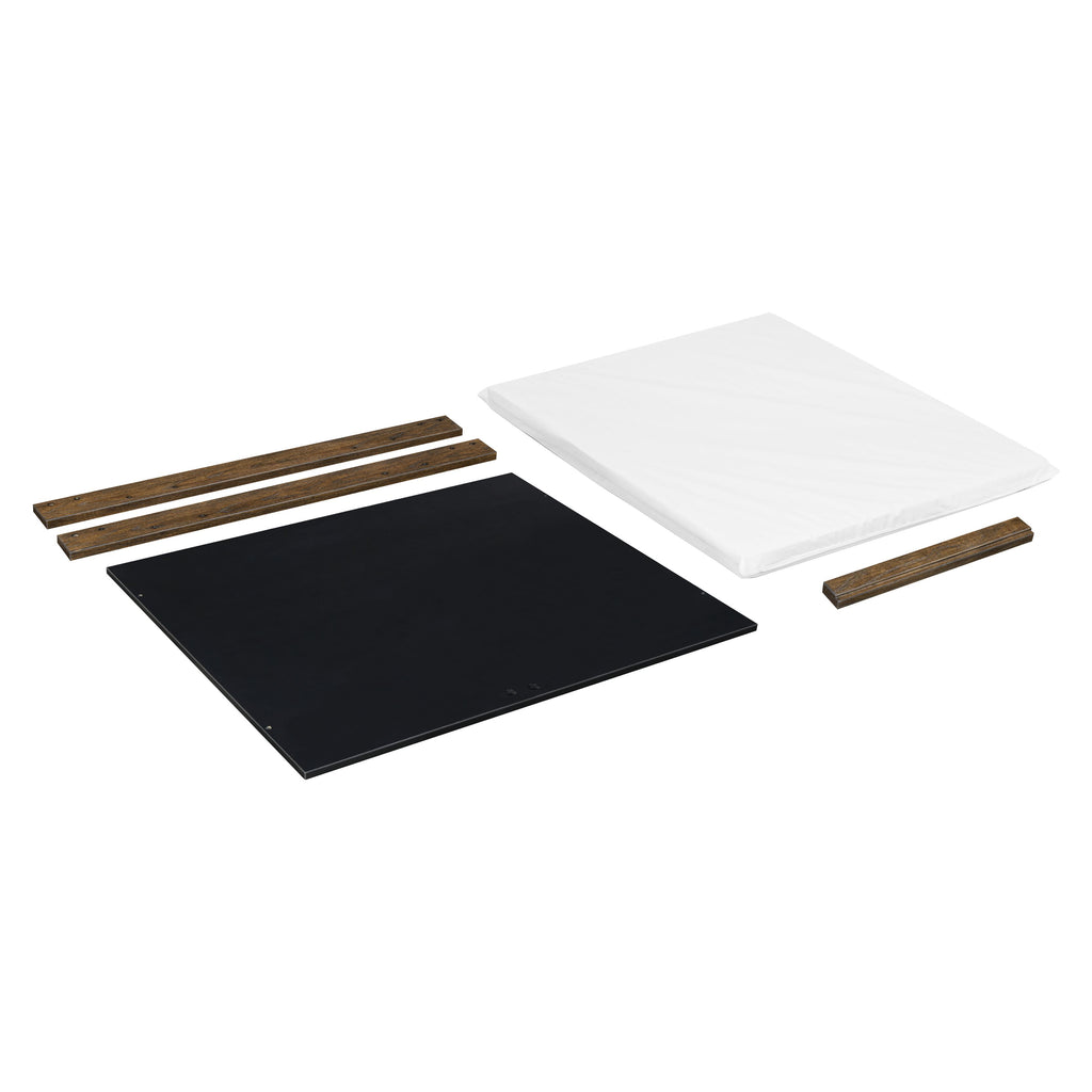 Top view of Astre All-Stages Midi Conversion Kit by Nate Berkus in Toffee showing black platform, white mattress, and wood rails