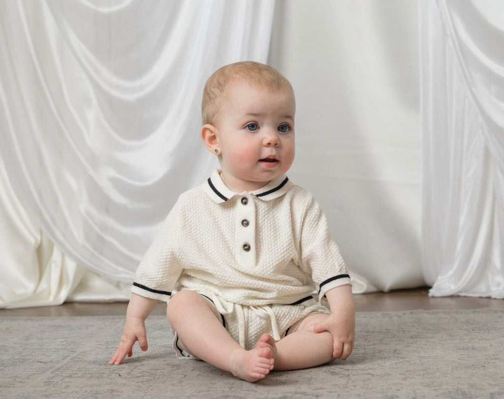 Brody Ivory with Black Trim Cotton Polo Top and Shorts Set - Petite Maison Kids