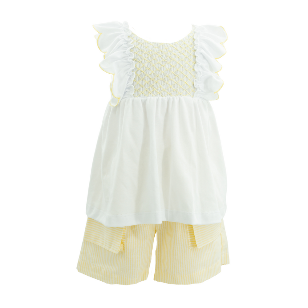 Front view of Annie girl set, hand-smocked chest, scalloped sleeves with yellow trim, yellow-striped shorts with pockets