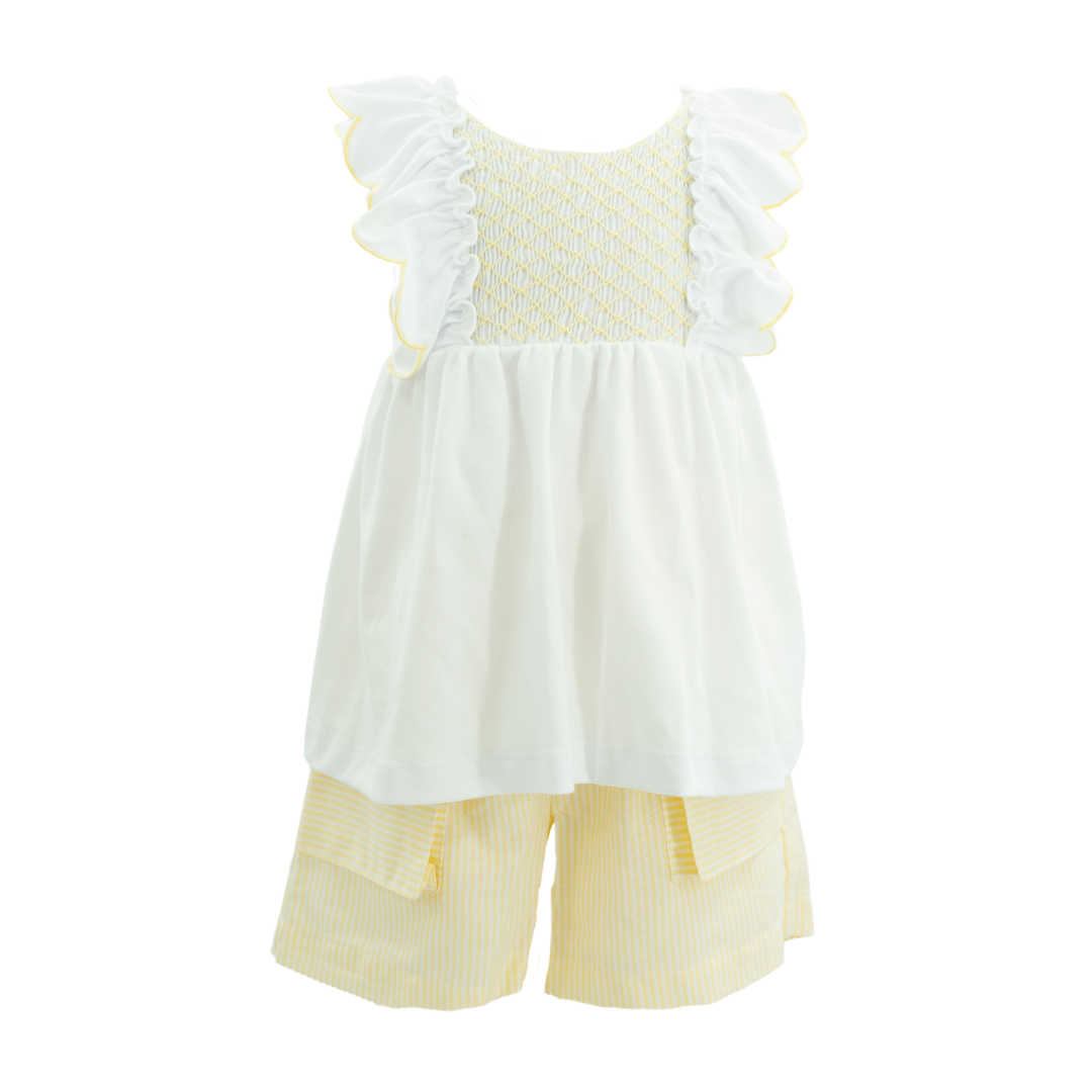 Front view of Annie girl set, hand-smocked chest, scalloped sleeves with yellow trim, yellow-striped shorts with pockets