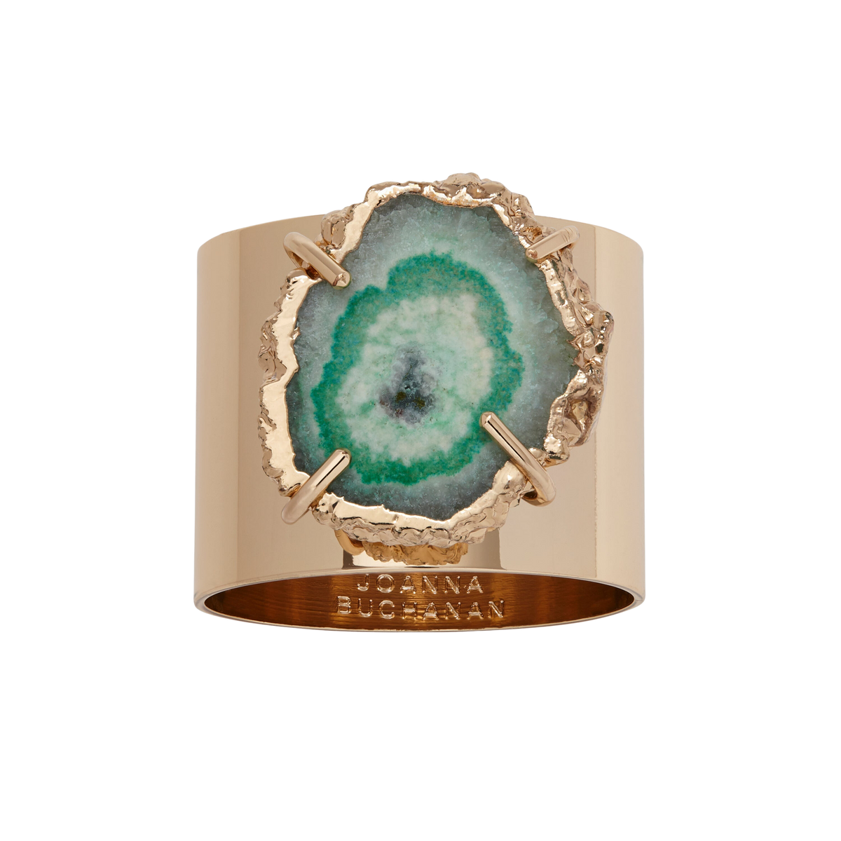 Front view of Crystal Quartz Napkin Rings in Seafoam showcasing a quartz slice and gold electroplated edge on black background