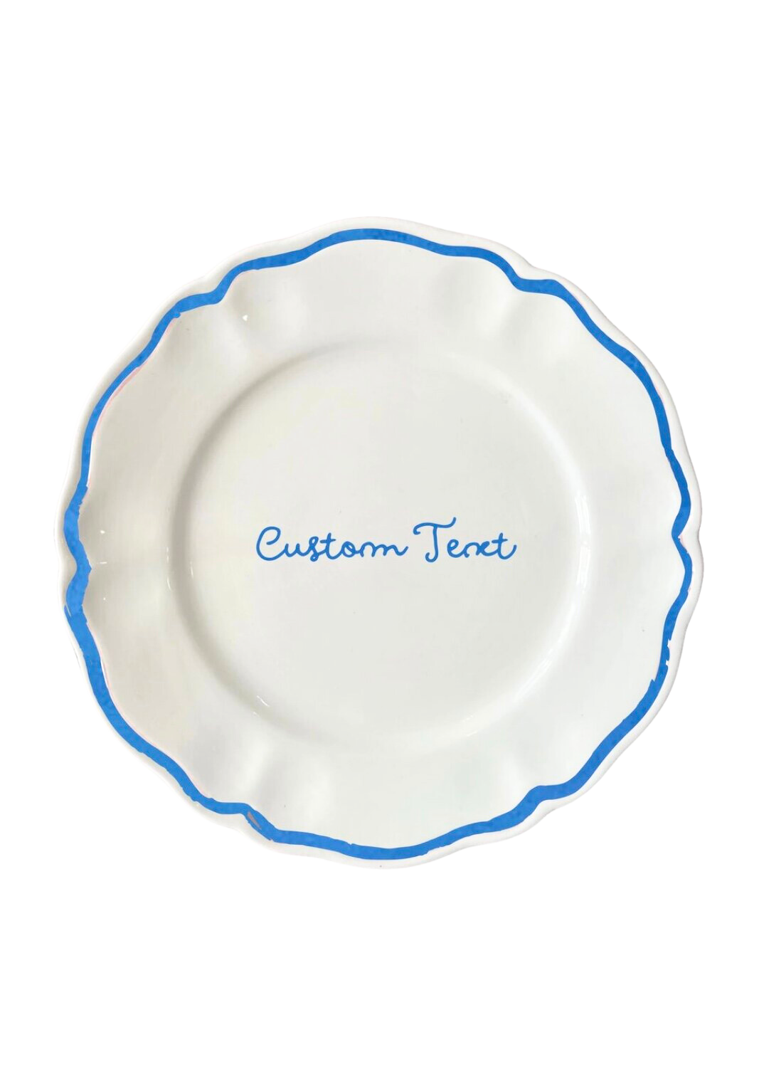 Top view of scalloped dinner plate showcasing blue hand-painted wavy rim and center script Custom Text on white background