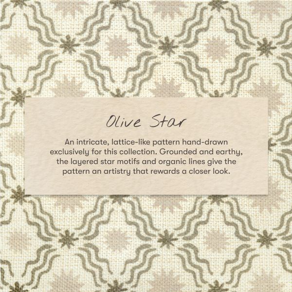Close-up of All-Stages Midi Crib Sheet showing Olive Star lattice pattern with an Olive Star design description