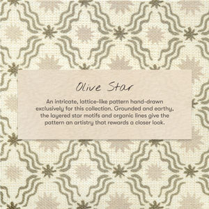 Close-up of All-Stages Midi Crib Sheet showing Olive Star lattice pattern with an Olive Star design description