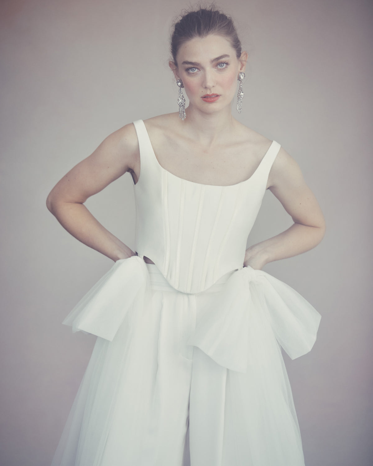 Bonnie Corset Top in Ivory Silk Wool with Tulle Bows