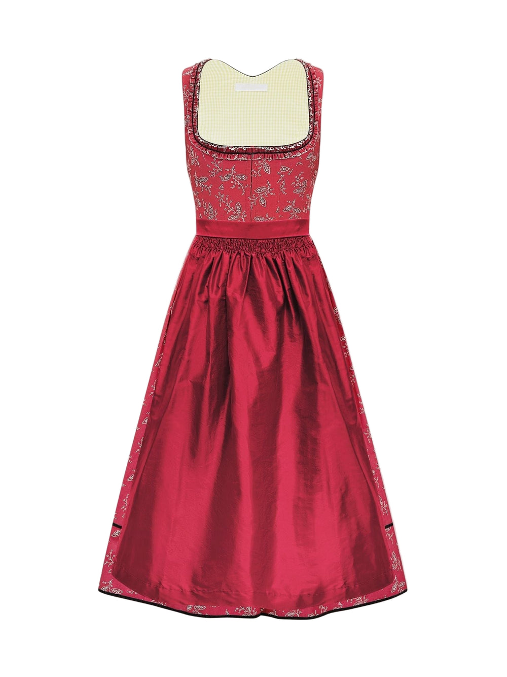 Back view of Camilla Dress showcasing red floral cotton, yellow gingham lining, black velvet trim and gathered skirt on white